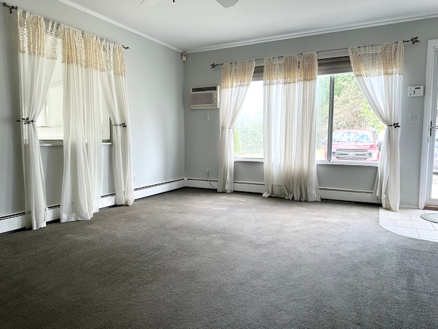 carpeted spare room with a wall mounted AC, ceiling fan, and crown molding