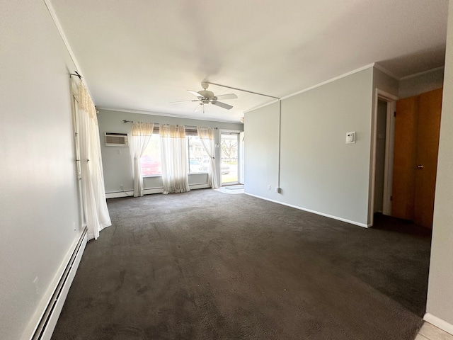 empty room with a wall mounted air conditioner, dark colored carpet, ceiling fan, and a baseboard heating unit