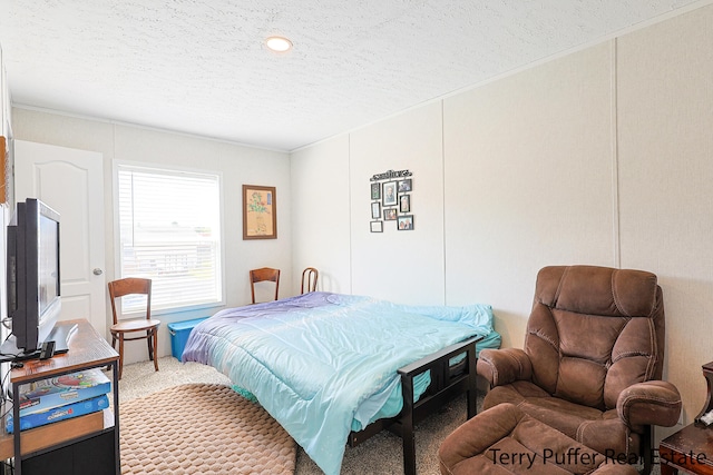 bedroom with carpet flooring and a textured ceiling