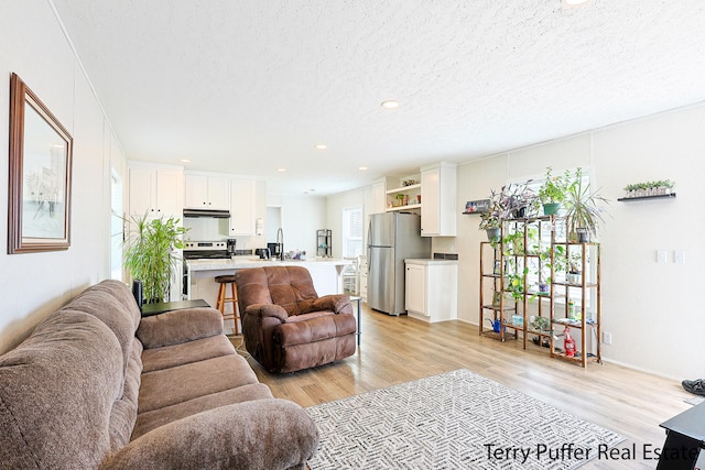 living room featuring sink, a textured ceiling, and light hardwood / wood-style flooring