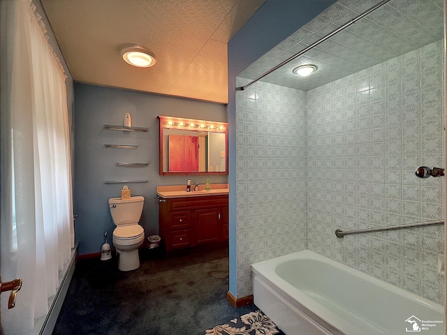 full bathroom featuring vanity, tiled shower / bath combo, and toilet