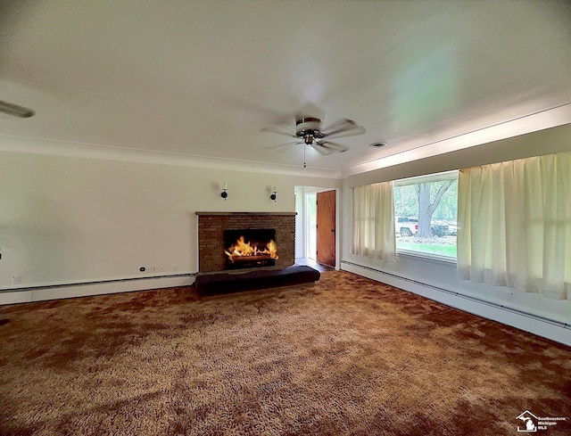 unfurnished living room featuring carpet, ceiling fan, baseboard heating, and a fireplace