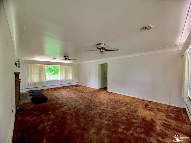 unfurnished living room with carpet floors, baseboard heating, and ceiling fan