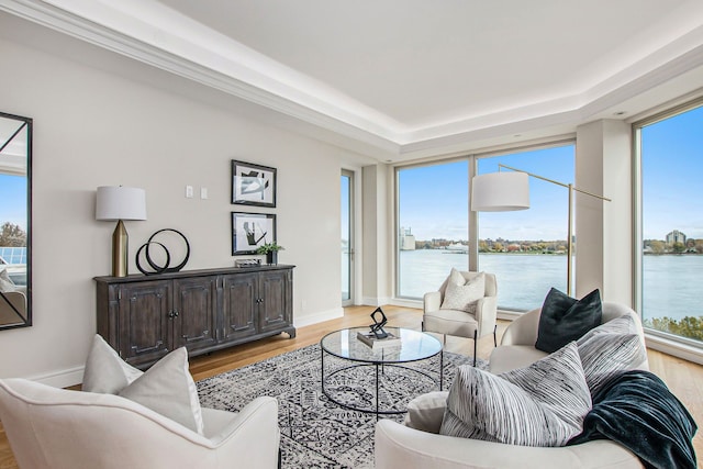 living room featuring plenty of natural light, a water view, and light hardwood / wood-style floors