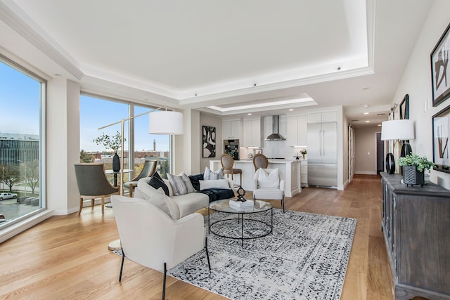 living room with light hardwood / wood-style floors and a tray ceiling