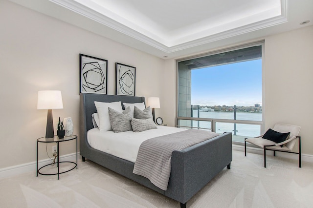 carpeted bedroom with a water view and a raised ceiling