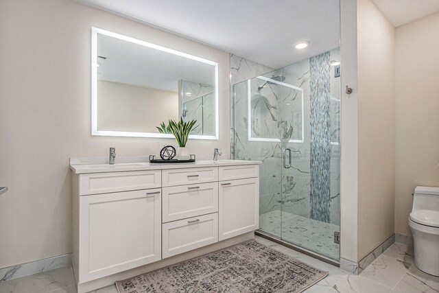 201 Beers St Unit 53, Port Huron, MI 48060 - full bath with marble look tile flooring, toilet, double vanity, a marble finish shower, and baseboards