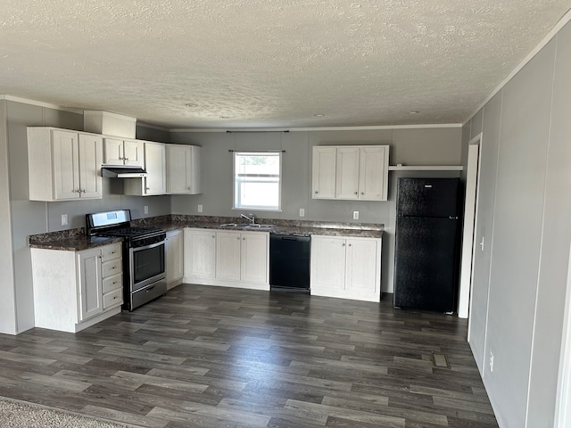 kitchen with white cabinetry, sink, dark hardwood / wood-style floors, a textured ceiling, and black appliances