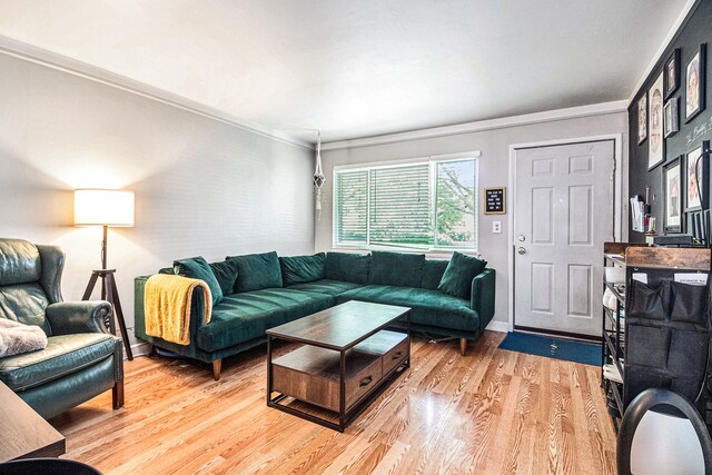 living room with light hardwood / wood-style flooring and ornamental molding