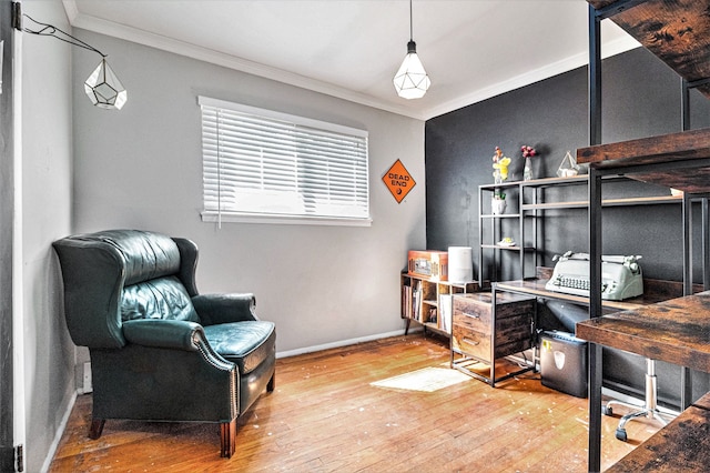 office area featuring wood-type flooring and crown molding