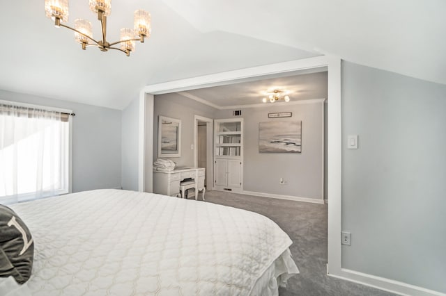 bedroom with dark carpet, lofted ceiling, ornamental molding, and a chandelier