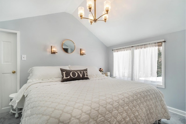 bedroom featuring carpet, vaulted ceiling, and an inviting chandelier