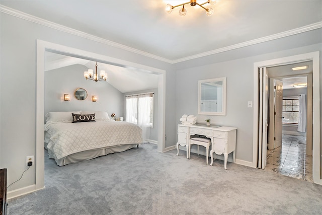 bedroom with carpet flooring, vaulted ceiling, crown molding, and multiple windows