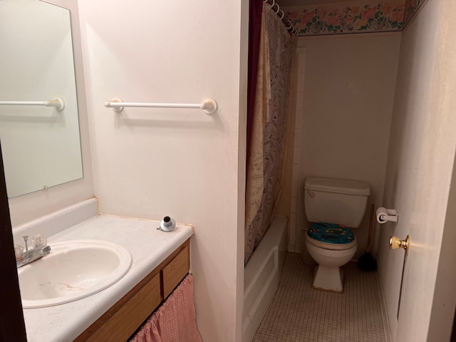 full bathroom with tile patterned flooring, vanity, shower / tub combo with curtain, and toilet