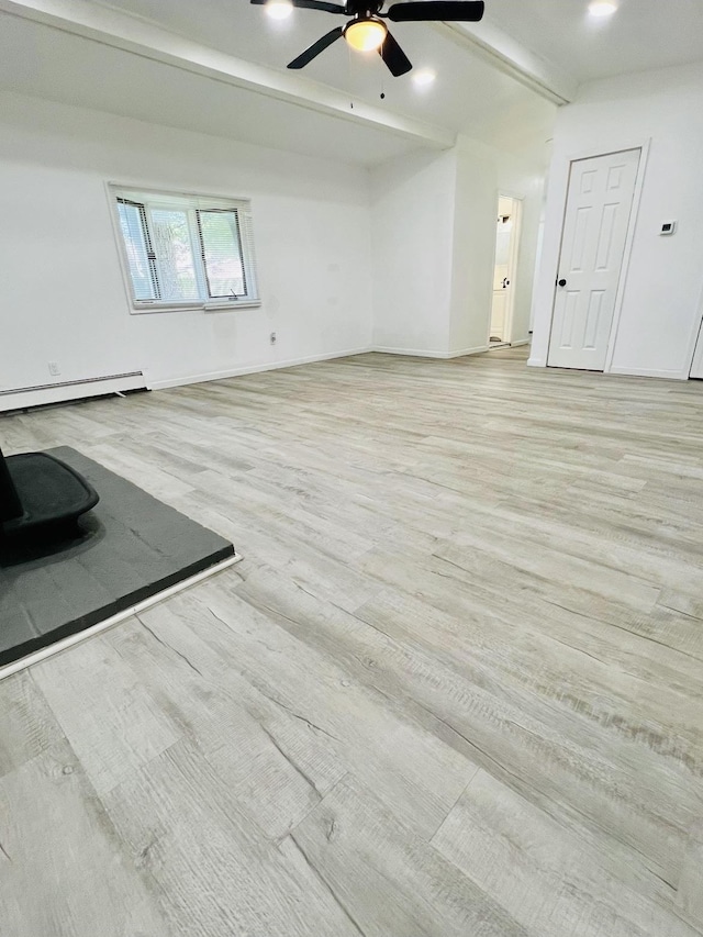 empty room featuring light hardwood / wood-style floors, beamed ceiling, a baseboard heating unit, and ceiling fan