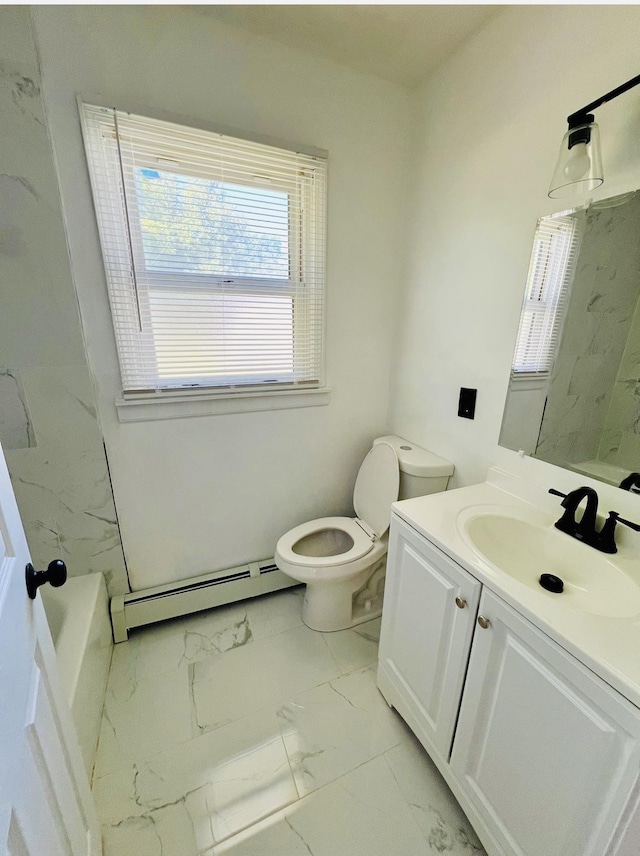 full bathroom featuring vanity, toilet, a baseboard radiator, and plus walk in shower