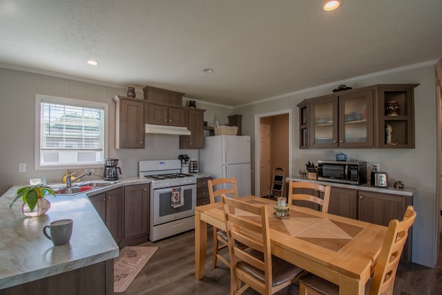 kitchen featuring crown molding, sink, dark wood-type flooring, and white appliances