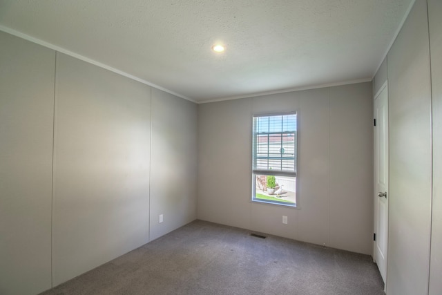 carpeted empty room featuring a textured ceiling and crown molding