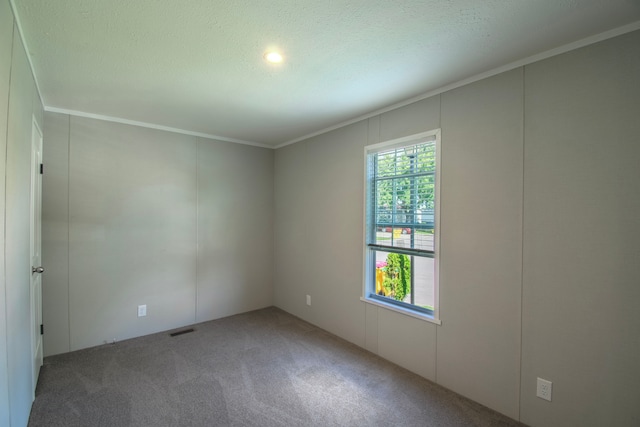 carpeted empty room featuring a textured ceiling and ornamental molding