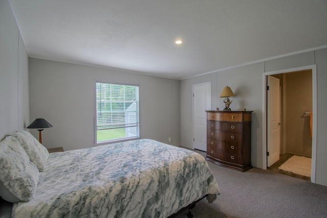 carpeted bedroom featuring crown molding and connected bathroom