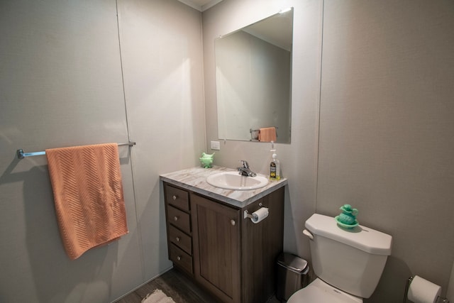 bathroom with hardwood / wood-style flooring, vanity, and toilet