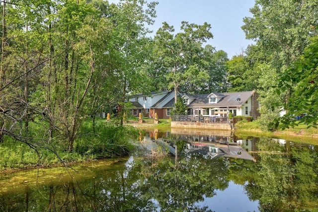 exterior space with a water view