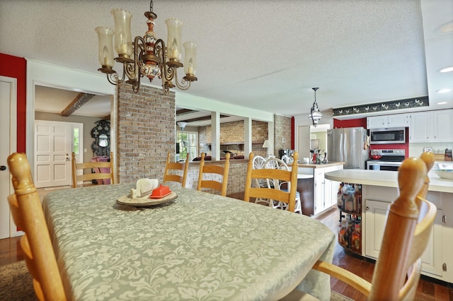 dining room featuring beam ceiling, a chandelier, dark wood-type flooring, and a textured ceiling