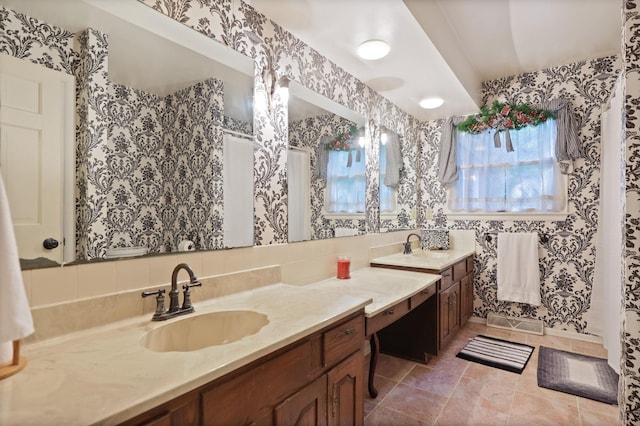 4705 Weiss Rd, Frankenmuth, MI 48734 - full bathroom featuring double vanity, wallpapered walls, tile patterned flooring, and backsplash