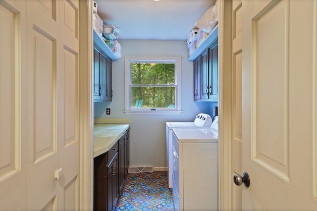 laundry room featuring cabinets, dark tile patterned floors, and washing machine and dryer