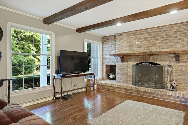 4705 Weiss Rd, Frankenmuth, MI 48734 - living area with hardwood / wood-style floors, beamed ceiling, a brick fireplace, baseboards, and baseboard heating