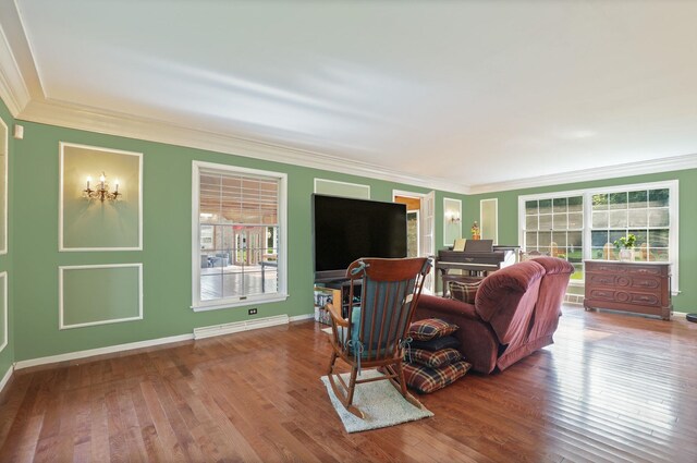 4705 Weiss Rd, Frankenmuth, MI 48734 - living room featuring wood finished floors, crown molding, baseboards, and a baseboard heating unit