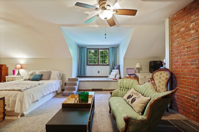 4705 Weiss Rd, Frankenmuth, MI 48734 - bedroom with carpet, brick wall, a ceiling fan, and vaulted ceiling