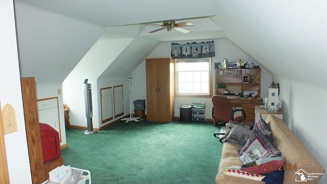 bonus room with carpet, vaulted ceiling, and ceiling fan