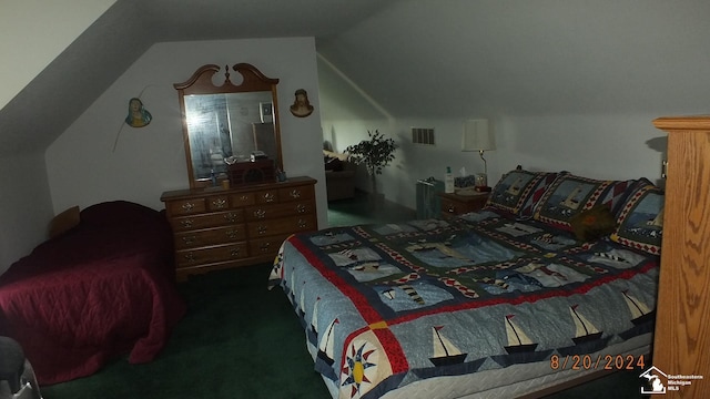 carpeted bedroom featuring lofted ceiling