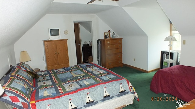 carpeted bedroom featuring ceiling fan and lofted ceiling