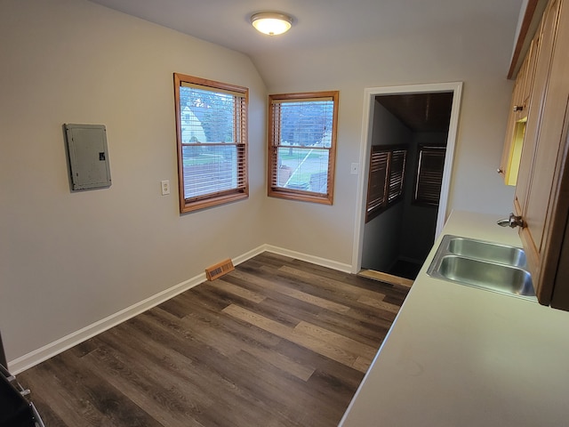 unfurnished dining area with electric panel, sink, dark wood-type flooring, and vaulted ceiling