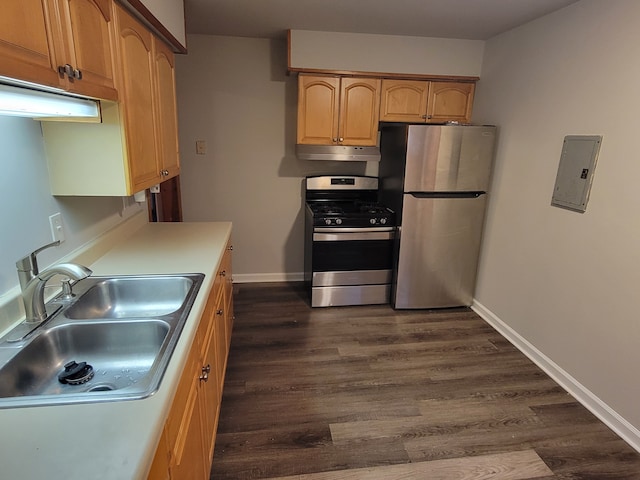 kitchen featuring appliances with stainless steel finishes, dark hardwood / wood-style flooring, electric panel, and sink