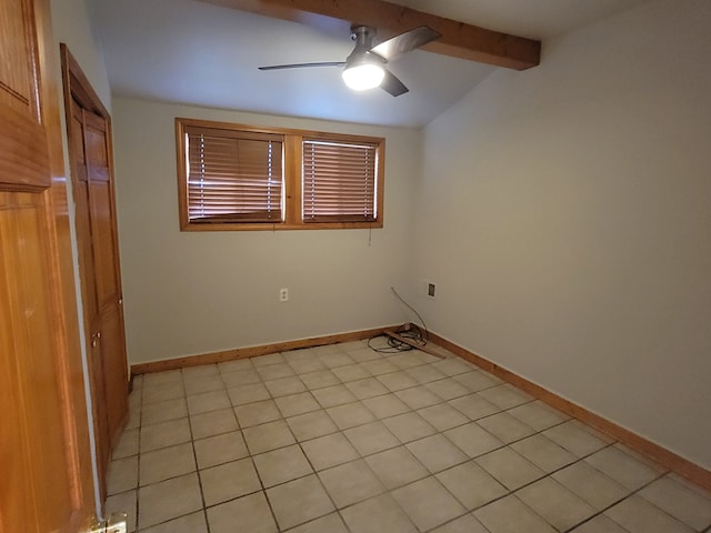 spare room featuring lofted ceiling with beams, ceiling fan, and light tile patterned flooring