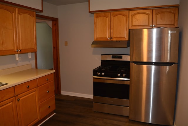 kitchen with stainless steel appliances and dark hardwood / wood-style floors