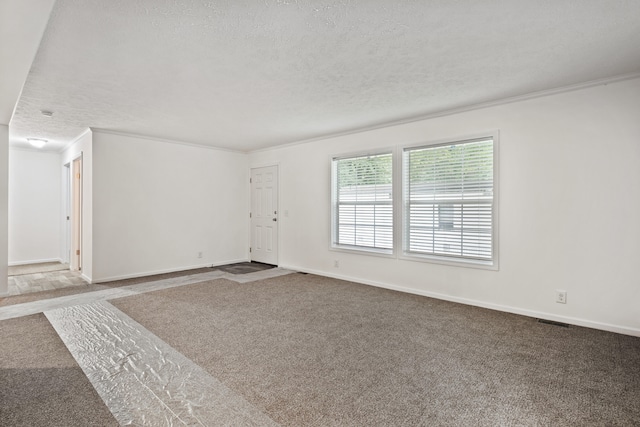 spare room featuring carpet flooring, ornamental molding, and a textured ceiling