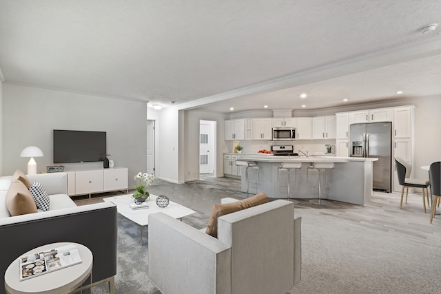 living room with a textured ceiling