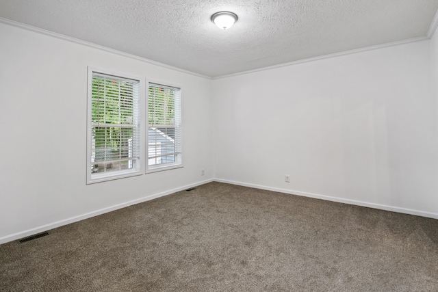 carpeted empty room with a textured ceiling and crown molding