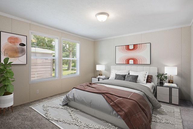 bedroom with carpet floors and ornamental molding