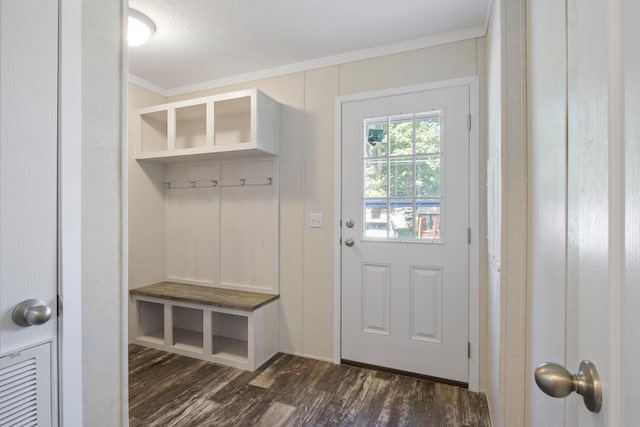 mudroom featuring dark wood-type flooring, a textured ceiling, and ornamental molding