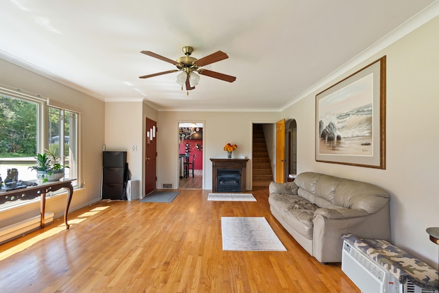 living room featuring ceiling fan, crown molding, and light wood-type flooring