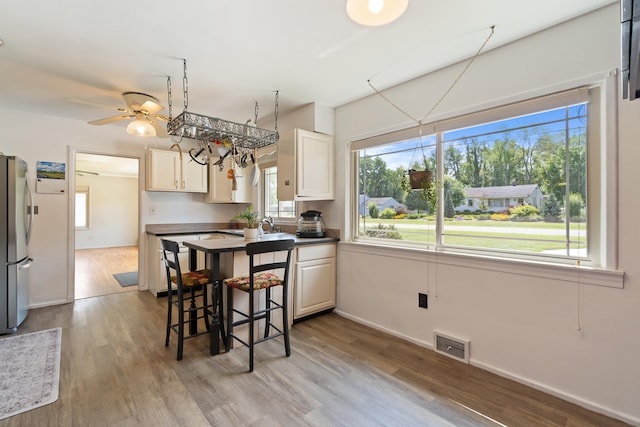 kitchen with stainless steel fridge, light hardwood / wood-style flooring, ceiling fan, and a healthy amount of sunlight