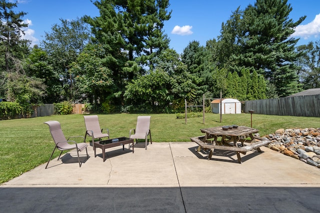 view of patio / terrace featuring a shed