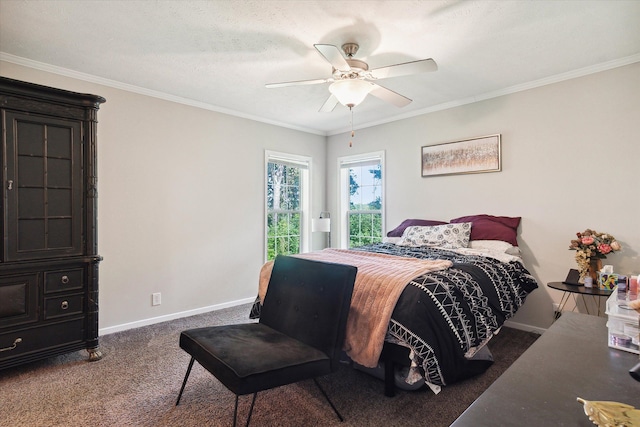 carpeted bedroom featuring a textured ceiling, ceiling fan, and crown molding