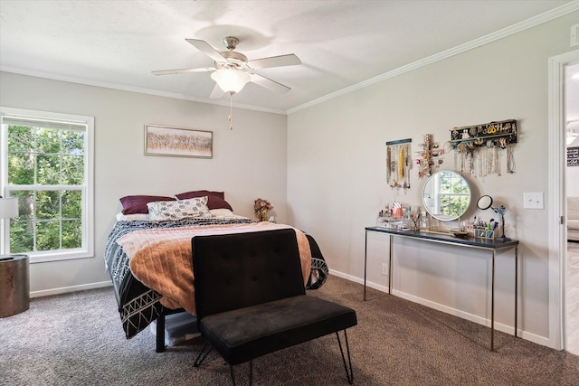 carpeted bedroom featuring multiple windows, ceiling fan, and ornamental molding