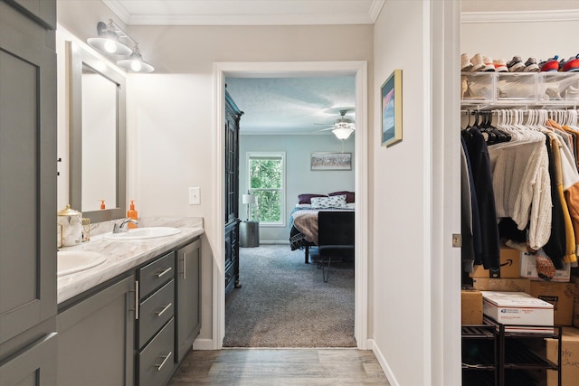 bathroom with vanity, hardwood / wood-style flooring, ceiling fan, and ornamental molding